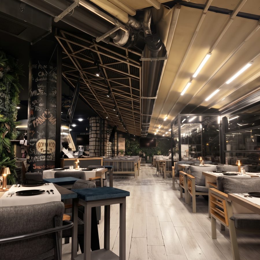 Green Moon restoran bölümü, kurulu masalar